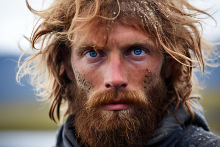 Portrait of a young man with a long beard and wet hairの素材
