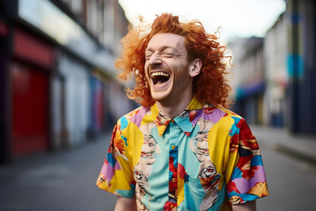 Cheerful young man with red hair laughing and looking at cameraの素材
