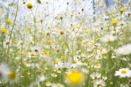 Beautiful chamomile field in sunny day. Nature backgroundの素材