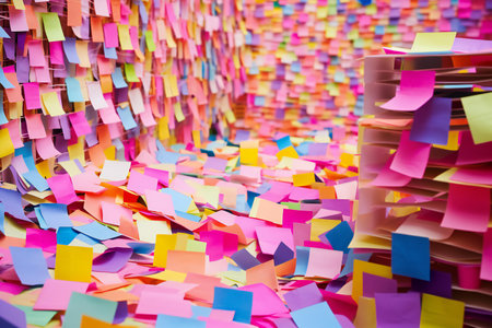 Many colorful sticky notes on the wall in the office. Shallow depth of field.の素材