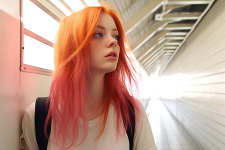 Beautiful red-haired girl with long hair in the subway.の素材