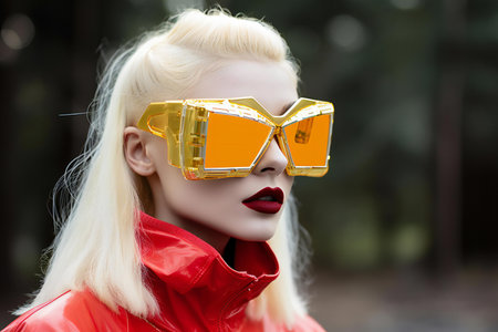 Fashion portrait of a beautiful blonde girl with bright makeup and red lips in a red jacket and sunglasses on the street.の素材