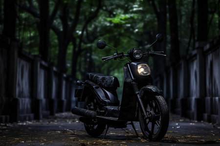 Black scooter parked in the park.の素材