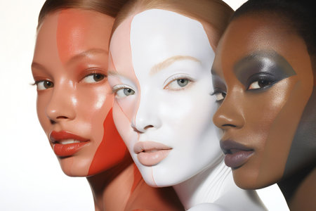 Three female mannequins with different make-up on white backgroundの素材