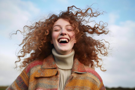 Portrait of beautiful young woman with curly hair on background of blue skyの素材