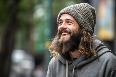 Handsome young man with long beard and moustache in a gray hoodie on a city streetの素材