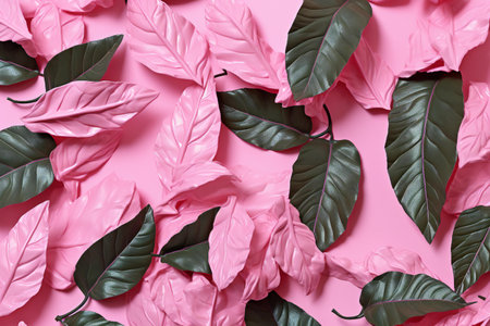 Tropical leaves on pink background, flat lay. Floral patternの素材