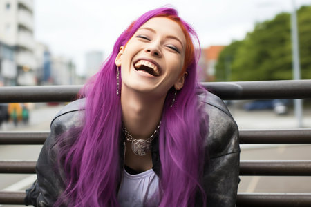 young beautiful hipster woman with purple hair happy and relax in the cityの素材