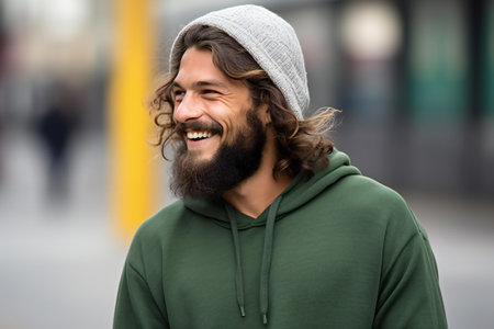 Handsome man with long hair in a green sweatshirt on the streetの素材