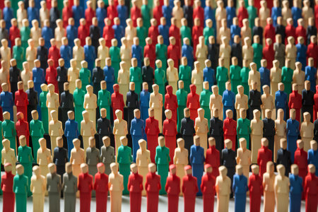 Close up of a group of plastic people standing in a row.の素材