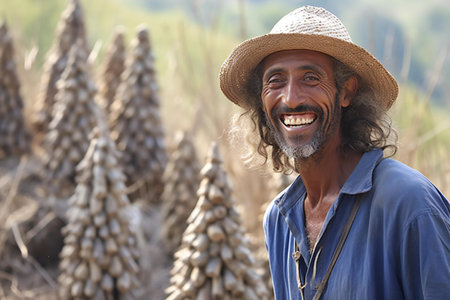 Portrait of a smiling farmer standing in a corn field with a straw hatの素材