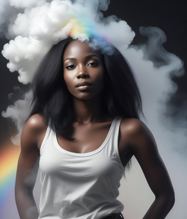 Beautiful african american woman with cloud and rainbow in the backgroundの素材