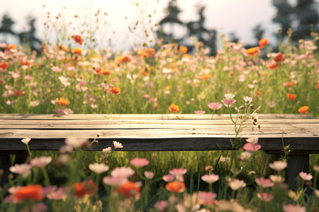 Wooden table in front of blooming meadow with cosmos flowersの素材