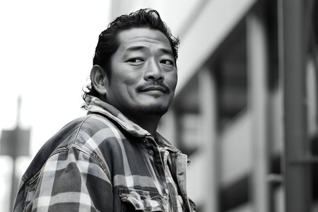 Portrait of handsome asian man in checkered shirt outdoorsの素材