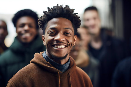 Portrait of smiling african american man with friends in backgroundの素材