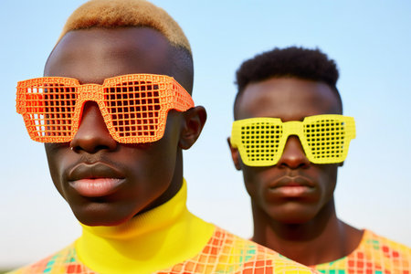 Fashion portrait of two african american men in colorful sunglassesの素材