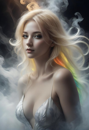 Portrait of a beautiful blonde woman with long hair in the smoke.の素材