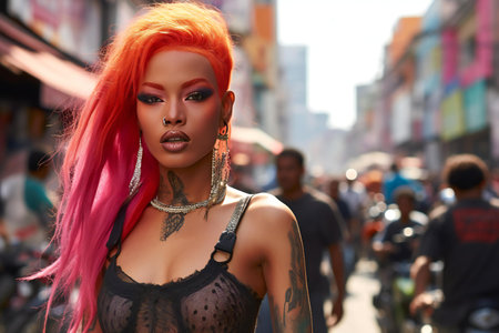 Portrait of a beautiful woman with bright pink hair on the streetの素材