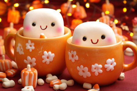 Cup of tea or coffee with cute snowman and candiesの素材