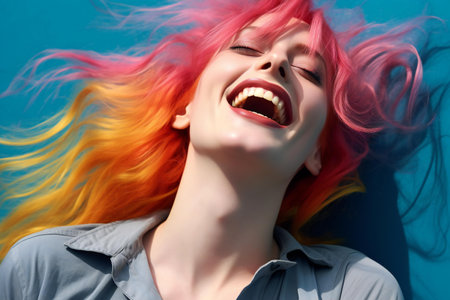 Portrait of a happy young woman with pink hair on blue backgroundの素材