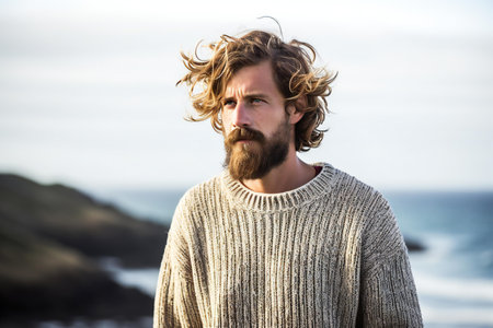 Bearded man with long beard and moustache in sweater on the beachの素材