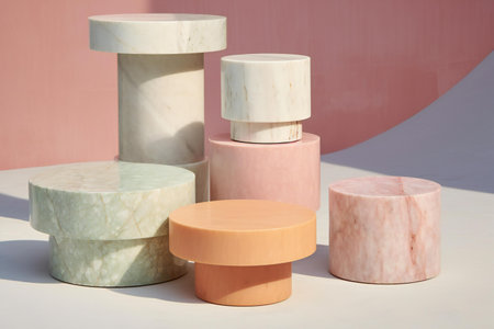 Cylindrical podiums for product presentation on pink background.の素材