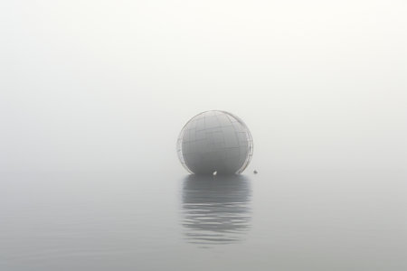 Large steel structure in a foggy lake, closeup of photoの素材