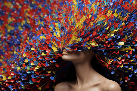 a female head with colorful hair in the windの素材