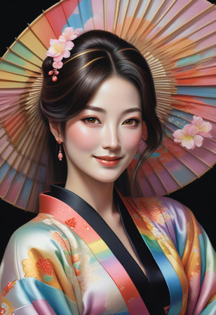 Beautiful geisha in kimono with fan on black backgroundの素材