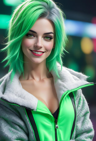 Beautiful girl with green hair and bright make-up in a green jacket.の素材