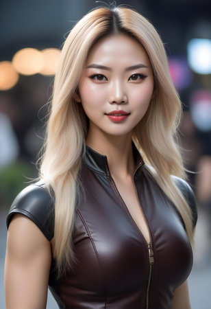 Beautiful asian woman model posing in the city. Beauty and fashion.の素材