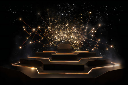 Podium with glowing lights and particles on black background.の素材