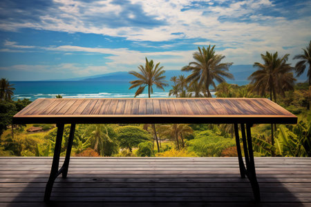 Wooden Table Top And Terrace Of The Blur Nature Backgroundの素材