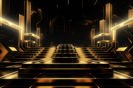 Abstract dark futuristic background with golden stairs and glowing lights.の素材