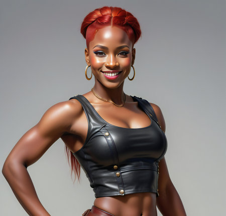 Beautiful african american woman with red hair and black leather jacketの素材