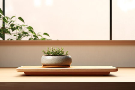 Indoor plant in ceramic pot on wooden table.の素材