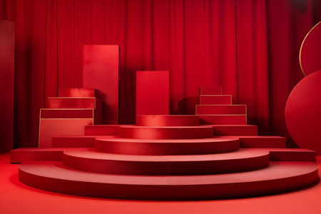 Podium and red curtain background for product display.の素材