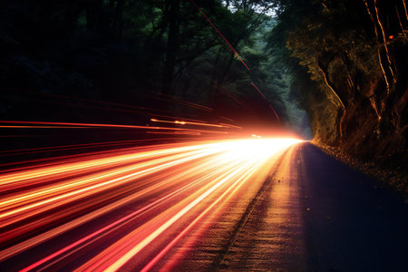 light trails on the road at night. long exposure photo taken in a tunnelの素材
