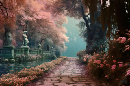 Beautiful landscape in the park, watercolor painting on canvas.の素材