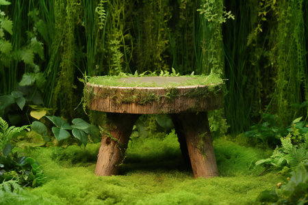 Wooden table in the garden with moss and ferns.の素材