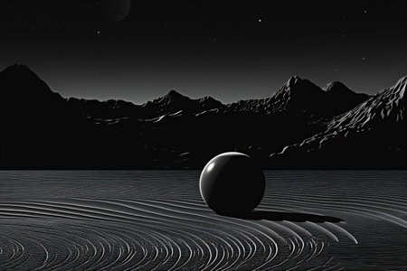Illustration of a black sphere in the desert with mountains in the backgroundの素材