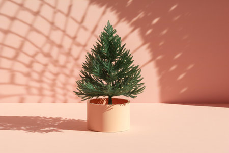 Christmas tree in a pot on a pink background.の素材