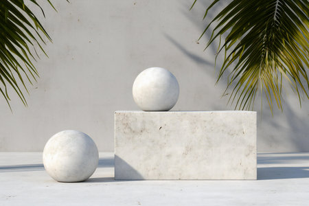 White marble podium with palm leaves and shadow on the concrete wall.の素材