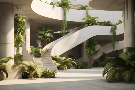 Modern architecture with green plant and white stairway in the garden.の素材