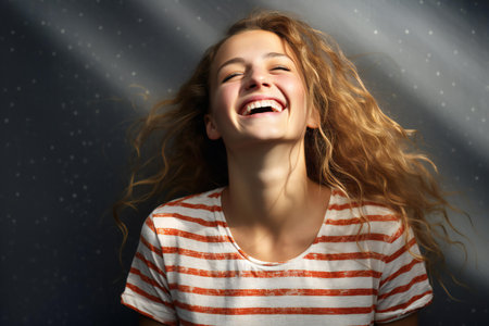 Portrait of beautiful young woman with flying hair on grey background.の素材