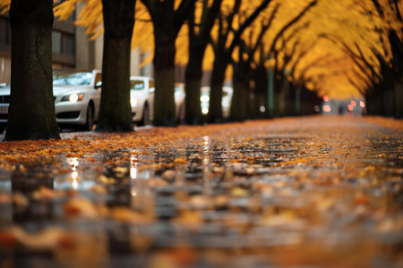 Autumn leaves on the road in the city. Blurred backgroundの素材