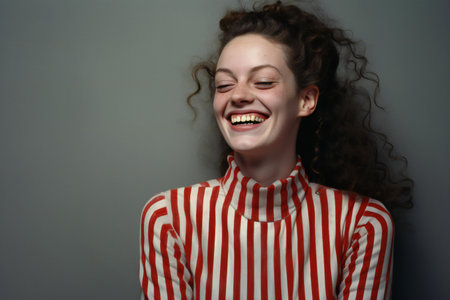 Portrait of a beautiful young woman with curly hair on a gray backgroundの素材