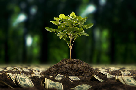 Green plant growing on pile of money in the forest, financial conceptの素材