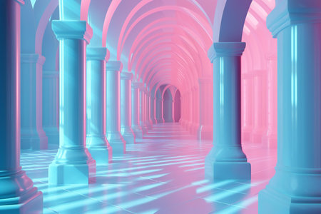 illustration of a corridor with columns in pink and blue colorsの素材
