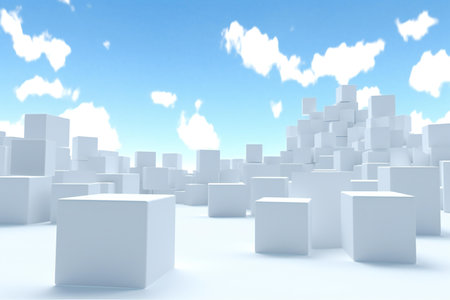 white cubes on a blue sky background with cloudsの素材